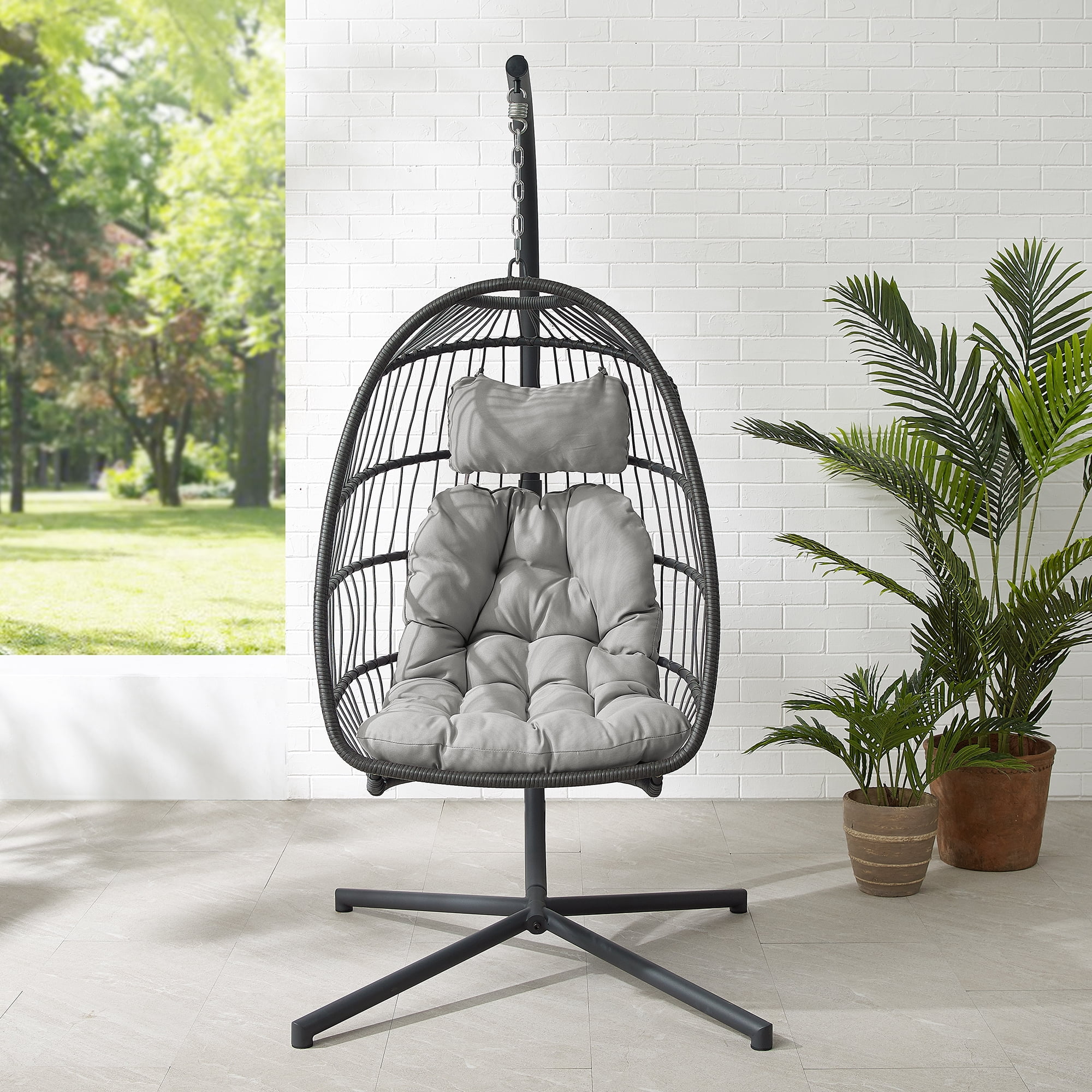 Walker Edison Boho Outdoor or Indoor Swing Egg Chair, Grey/Grey