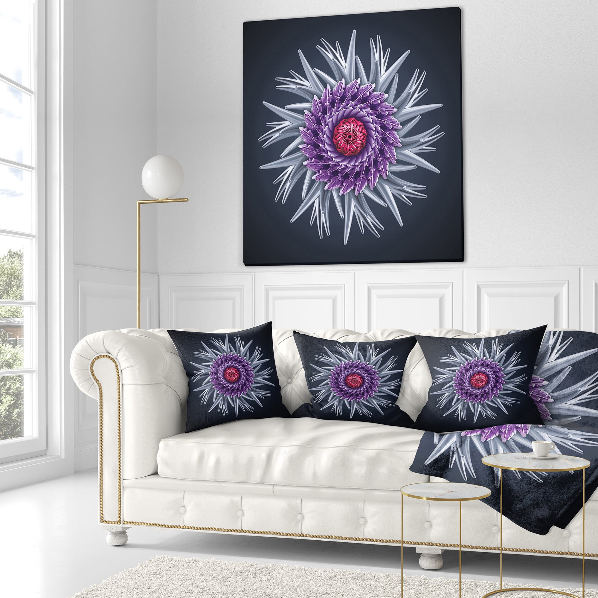 Designart Purple Abstract 3D Flower on Black - Flowers Throw Pillowwork - 16x16
