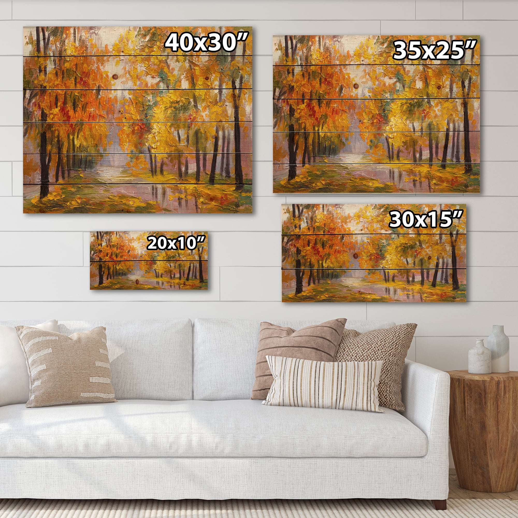 Designart 'Forest Full Of Fallen Leaves In Autumn Along River' Lake House Print on Natural Pine Wood