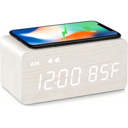 Digital Wooden Alarm Clock with Wireless Charging, 0-100% Dimmer, Dual Alarm, Weekday/Weekend Mode, Snooze, Wood LED Clocks for Bedroom, Bedside, Desk, Kids (White)