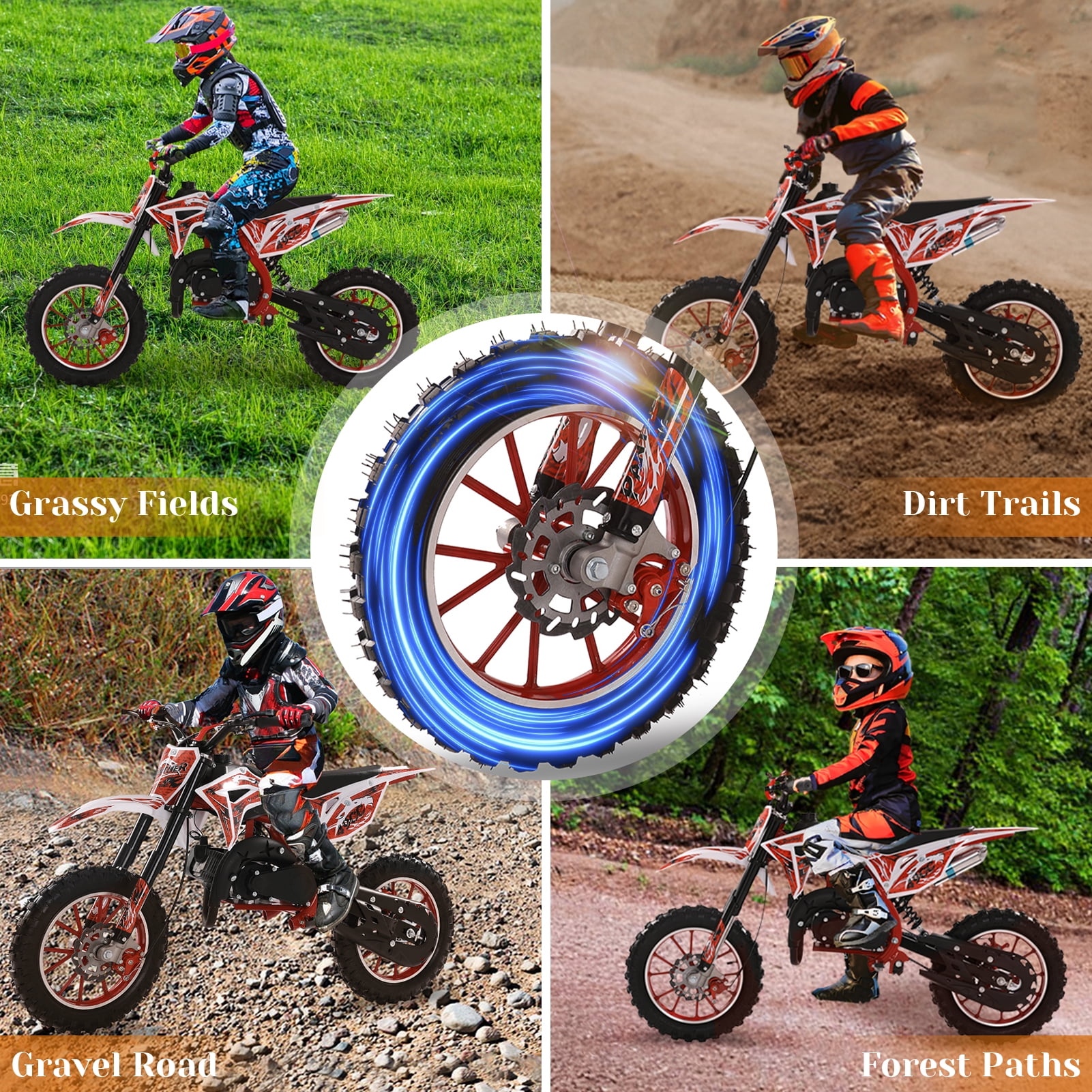 49cc 2-Stroke Kids Dirt Bike - 40KM/H Gas Powered Off-Road Motorcycle with Front/Rear Disc Brakes (Red)
