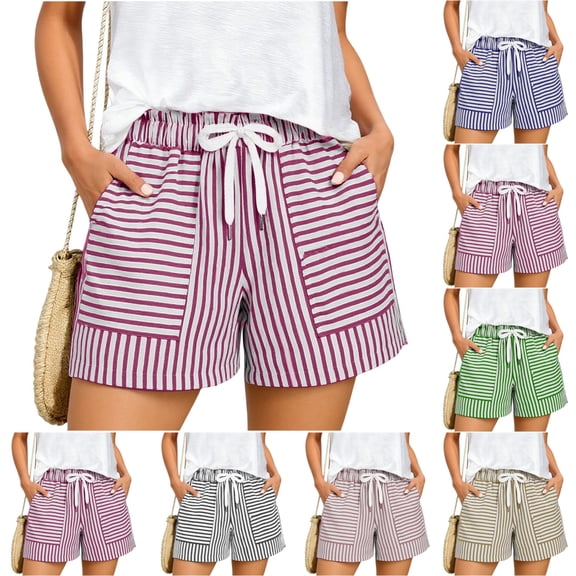 UDAUDU Women's Striped Shorts Casual Elastic Waist Summer Vacation Beach Drawstring Lounge Shorts with Expanding Pockets Purple M
