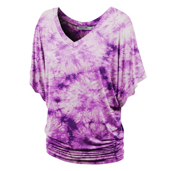 Made by Johnny Women's V-Neck Short Sleeve Tie Dye Drape Dolman Top XXXL WHITE_PURPLE