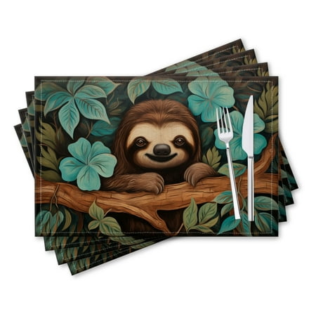 

BaHomeck placemats Set of 4 rectangle Linen Cotton Placemats for Dining Table Washable Heat Resistant 18*12inch Cute Sloth Smiling In The Jungle Surrounded By Blue Flowers