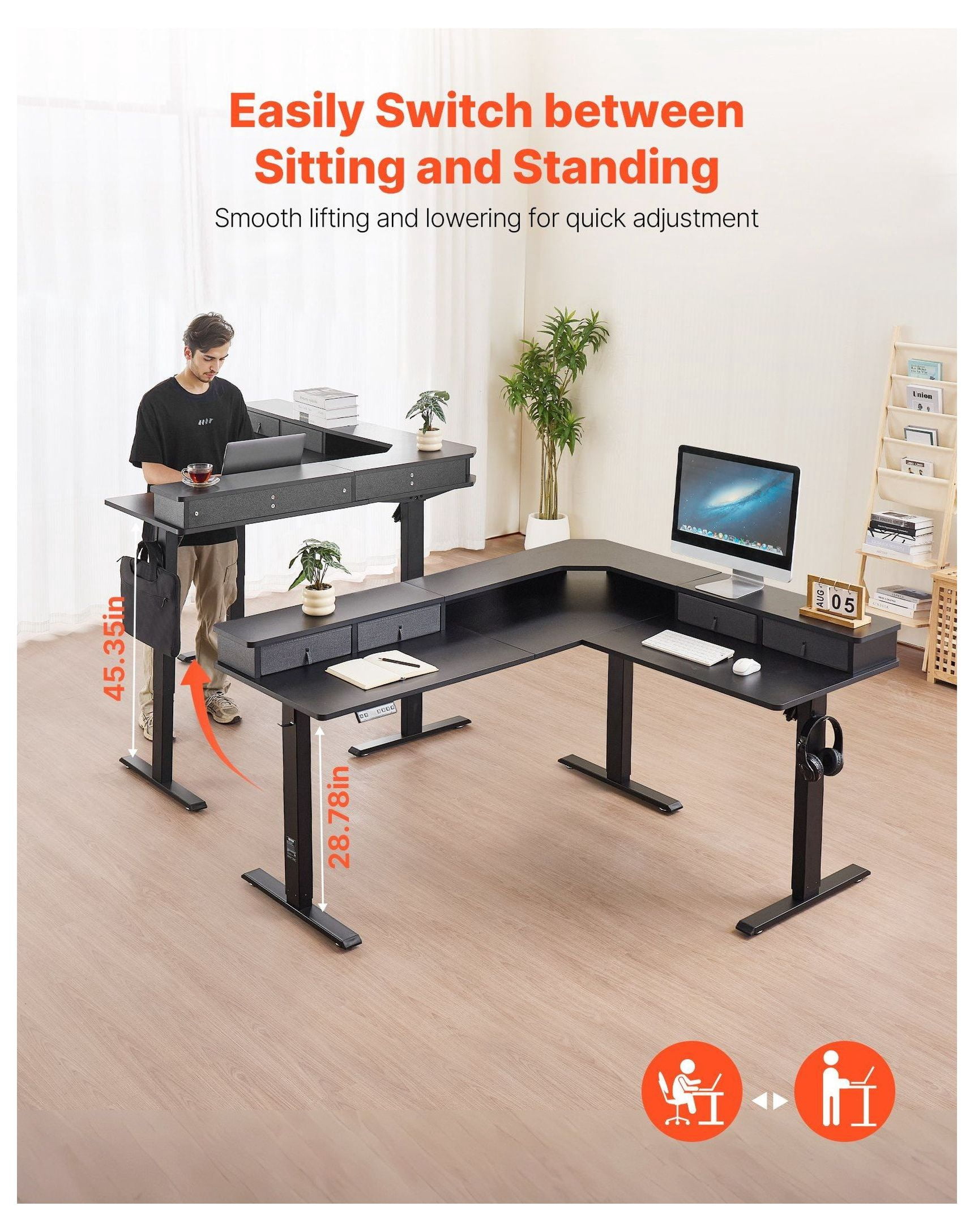 Electric L Shaped Desk, Adjustable Height Corner Desk with Drawers, Gaming Computer Desk, 63x55'' Standing Desk with Storage, Home Office Desk