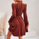 thumbnail image 5 of Vestido de manga con volantes para mujer color sólido cuello alto talle traje básico de vacaciones, 5 of 9