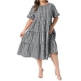 thumbnail image 2 of Agnes Orinda Women's Plus Size Easter Gingham Dresses Crew Neck Flared Short Sleeve Tiered Summer Casual Maxi A Line Dress with Pockets 3X Black, 2 of 5