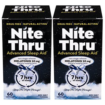 Nite Thru Advanced Sleep Aid Melatonin Dietary Supplement 60 Capsules (Pack of 2) (Packaging May Vary)