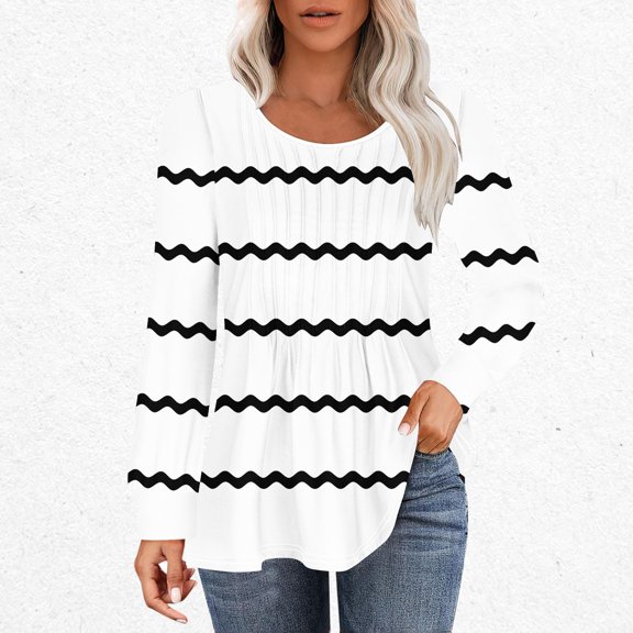 Striped Sweater Winter Fashion Sawvnm Women's Casual Fashion Loose Pleated Round Neck Striped Long-Sleeved Tops for Women White M