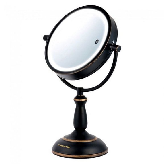 OVENTE Lighted Vanity Mirror Tabletop, 7.5'' 1X 10X Magnifier, Adjustable Double Sided, 3 Tone Smart Round LED, 15 Min Auto Shut Off Timer, Battery & AC Plug Powered, Oil Rubbed Bronze MPT75BZ1X10X