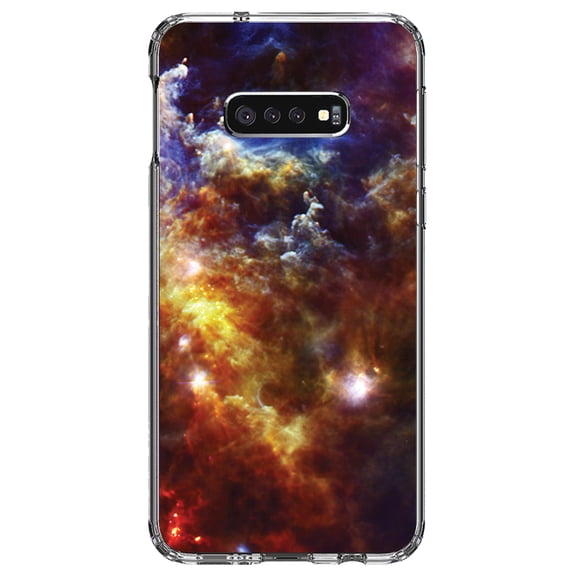 DistinctInk Clear Shockproof Hybrid Case for Samsung Galaxy S10e (5.8" Screen) - TPU Bumper, Acrylic Back, Tempered Glass Screen Protector - Red Yellow Blue Rosette Nebula - Astronomy