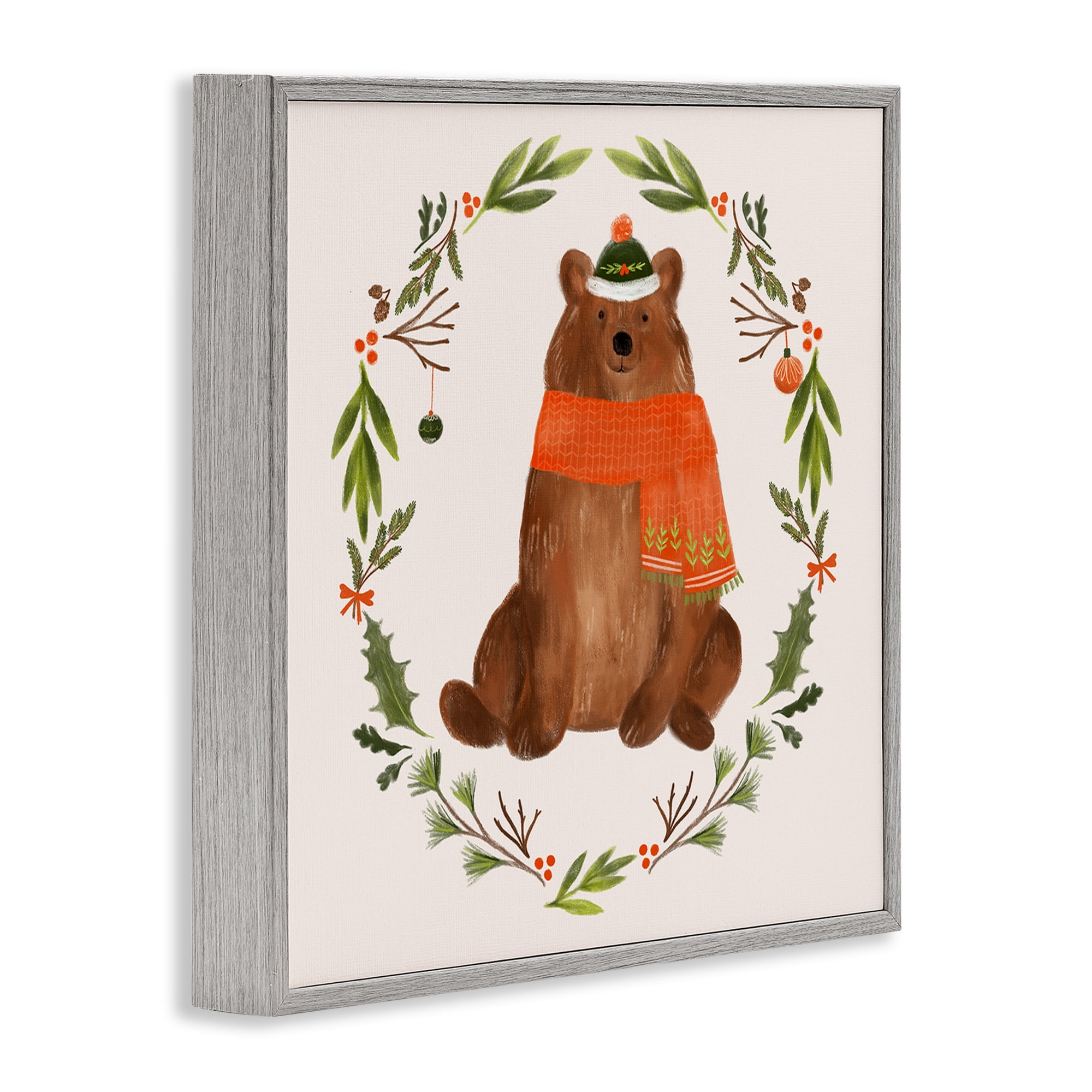 Stupell Industries Holiday Bear Wreaf Holiday Painting Gray Framed Art Prints Wall Art, 12 x 12