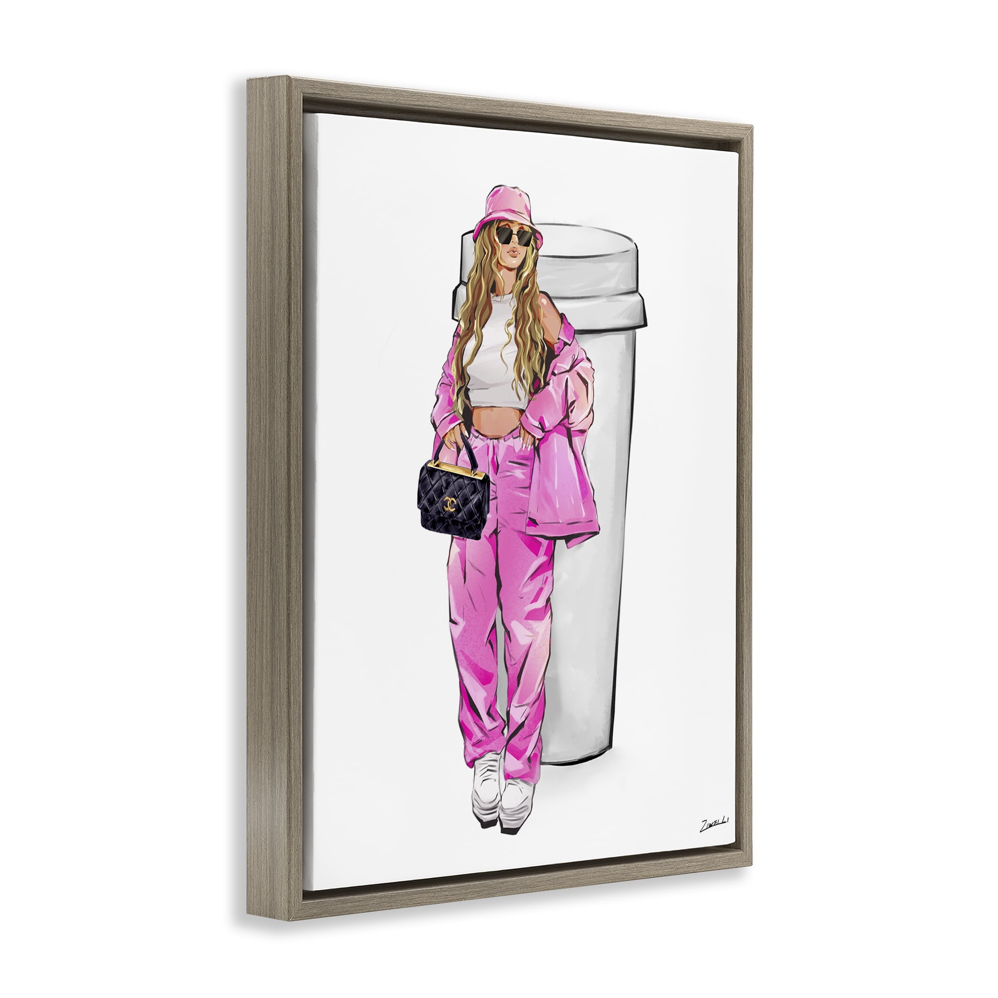 Stupell Industries Trendy Style Girl & Coffee Food & Beverage Painting Brown Floater Framed Canvas Art Print Wall Art, 25 x 31