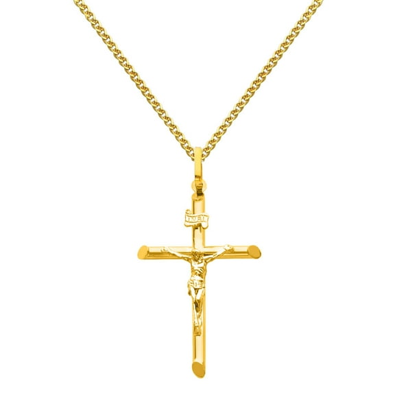 Wellingsale 14k Yellow Gold Polished Catholic Crucifix Cross Charm Pendant with 1.7mm Flat Open wheat Chain Necklace - 16"