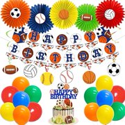 Sports Themed Birthday Party Decorations for Boys, Sports Baseball Football Soccer Basketball Happy Birthday Banner Cake Topper Paper Fans Balloons, All Star Party Supplies