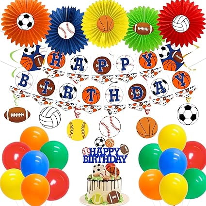 Sports Themed Birthday Party Decorations for Boys, Sports Baseball Football Soccer Basketball Happy Birthday Banner Cake Topper Paper Fans Balloons, All Star Party Supplies