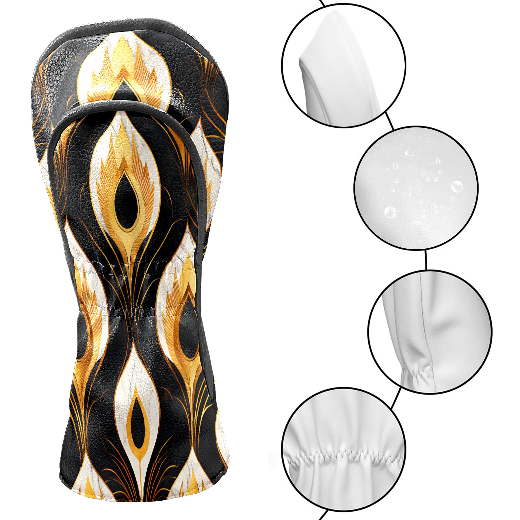 Golf Club Covers, Black Gold Art Pattern Premium PU Leather Driver Hybrid Putter Head Covers with Velvet Lining, Waterproof Golf Gifts for Men Women