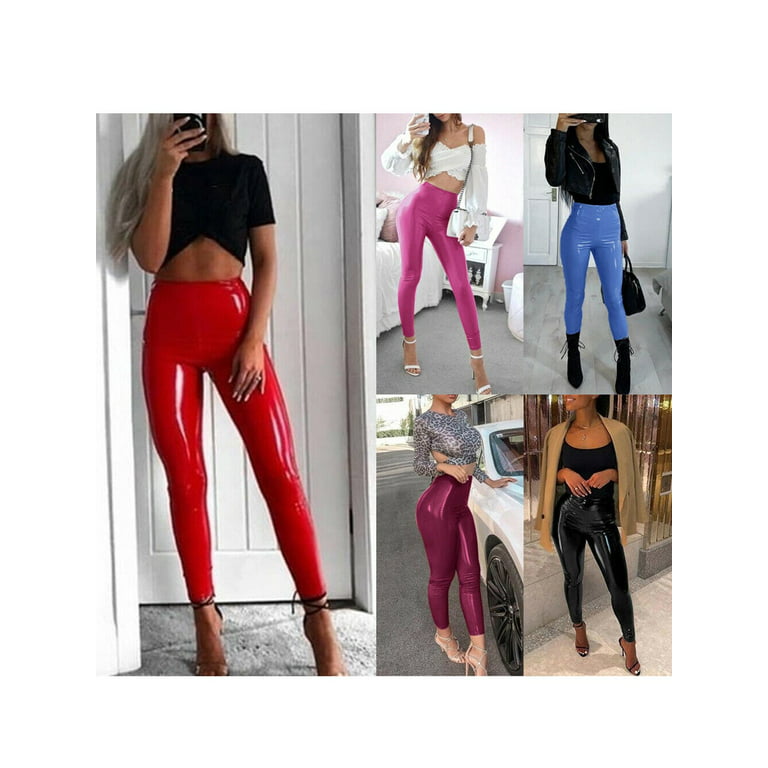Women's PU Leather Trousers High Waist Solid Color Shiny Stretchy