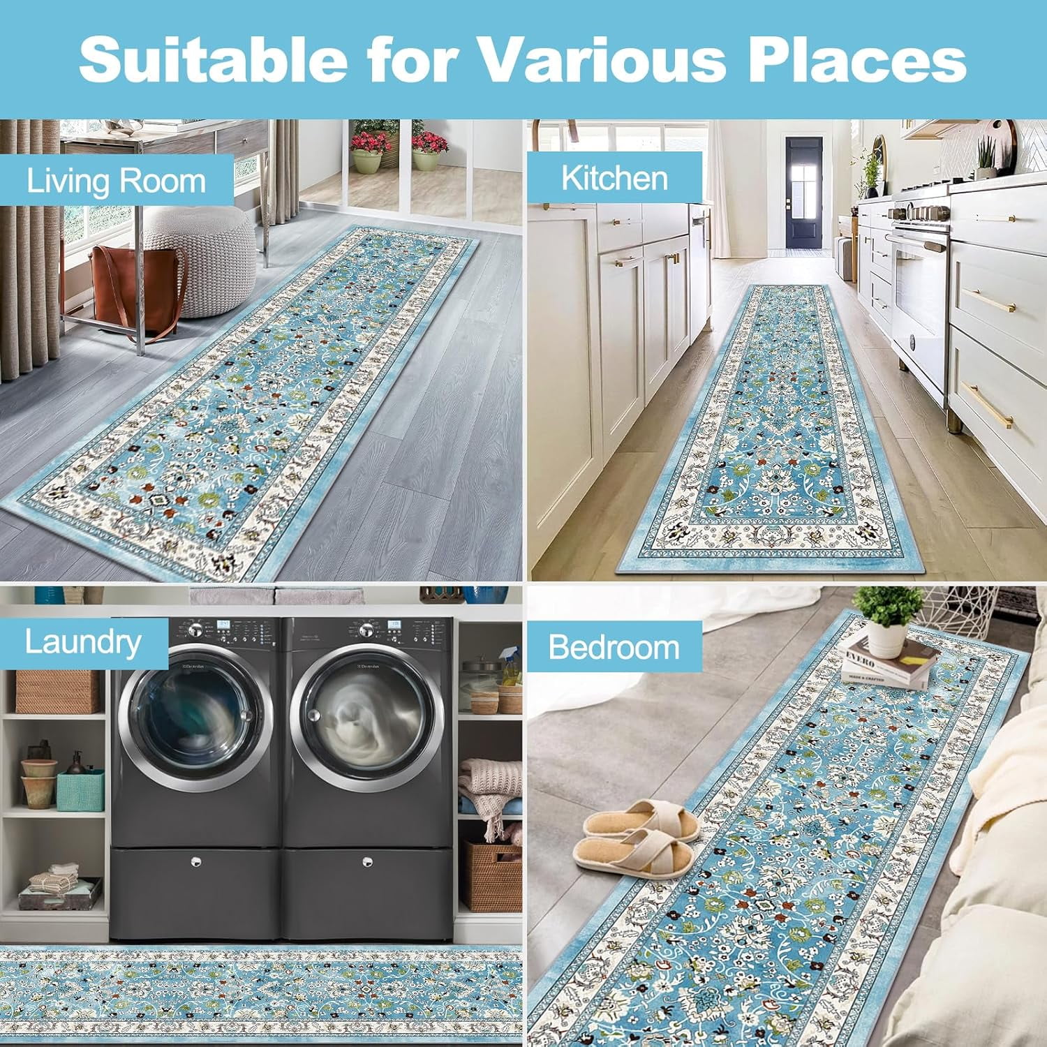 MJIAexp 2' x 6' Boho Floral Kitchen Runner Rug Machine Washable Runner Rug Non-Slip Hallway Runner Laundry Rug Throw Carpet for Living Room Bedroom Dining Room Entryway Kitchen Blue