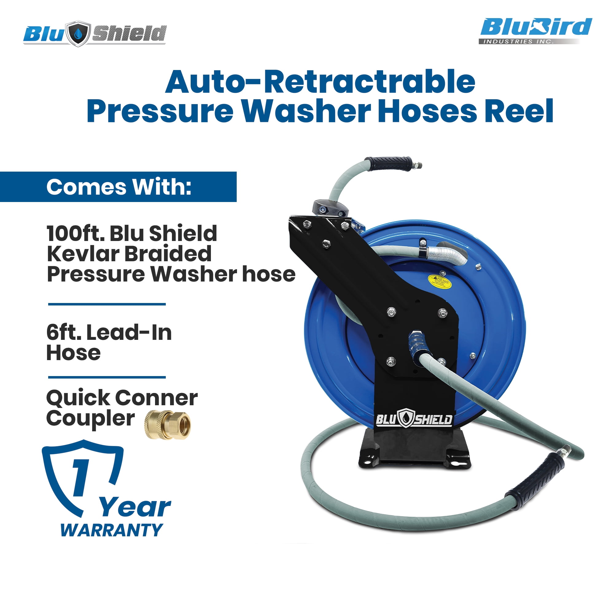 BluShield Pressure Washer Hose Reel with Aramid Braided Hose, 4100 PSi 6' Lead-in Hose, NPT, Lighter, Stronger, Flexible, 1-Year Warranty (3/8" x 100' Non Marking + Coupler Plug)