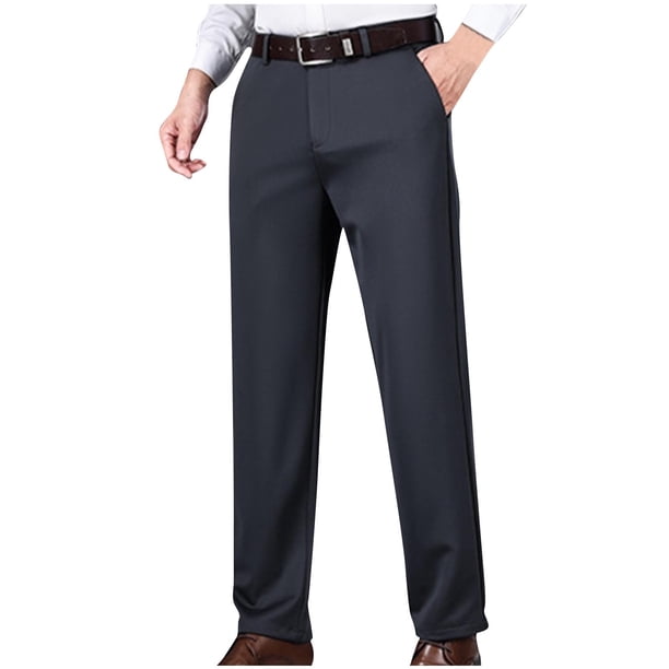 Puntoco Pantalones de traje con cremallera y bolsillo para hombre, pantalones de tubo recto para negocios, pantalones de color liso