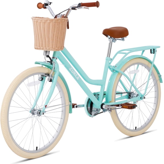 POVANLI 24" City Bike for 8-12 Years Old, Steel Frame Bike, Bike with Basket Mint Green