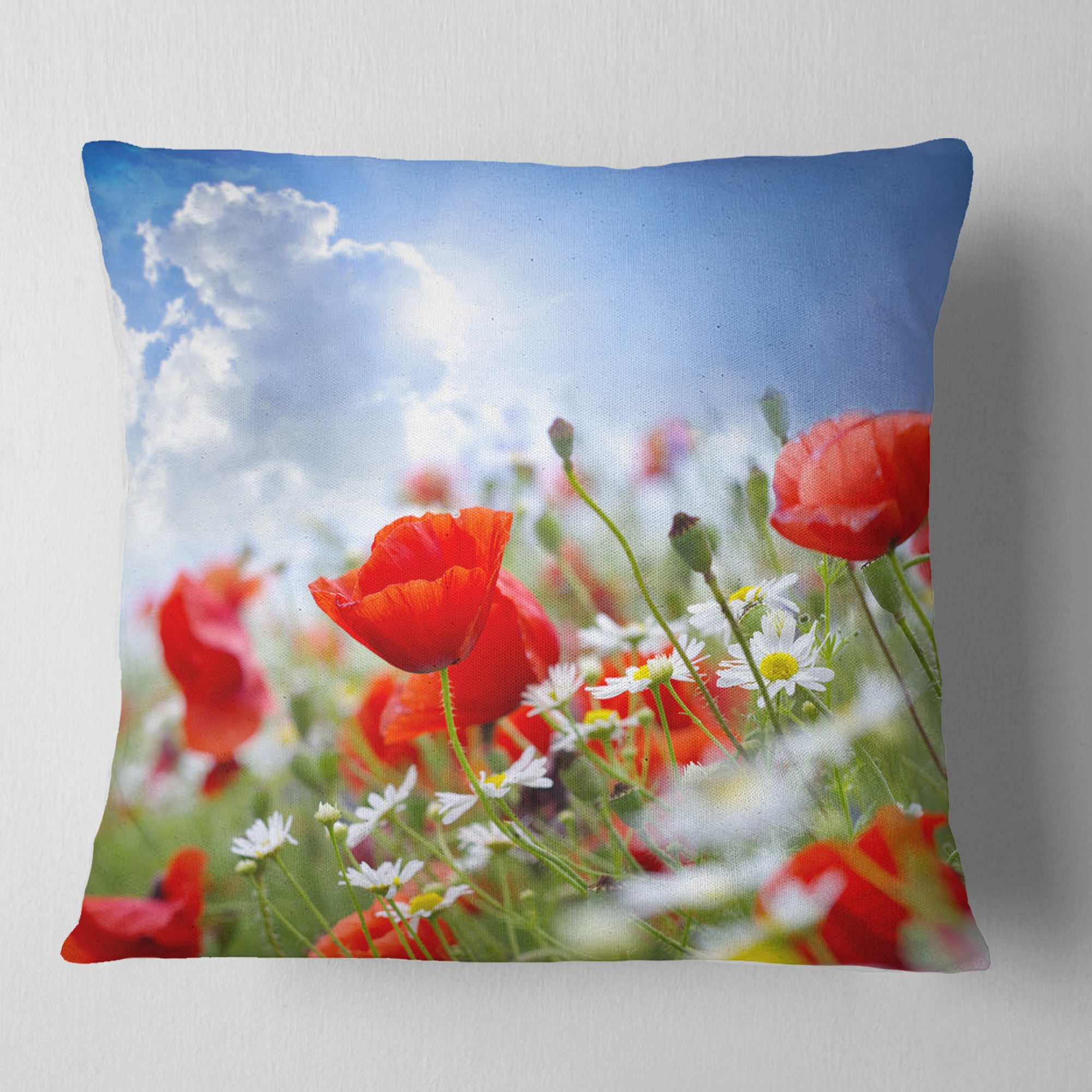Designart Lovely Red Poppies on Sky Background - Floral Throw Pillow - 16x16