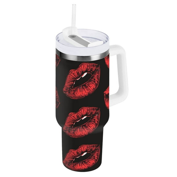 JSTEL Red Lips 40 oz Tumbler Stainless Steel Water Bottle Vacuum Insulated Cup with Straw Lid & Handle For Travel Car Cup Holder
