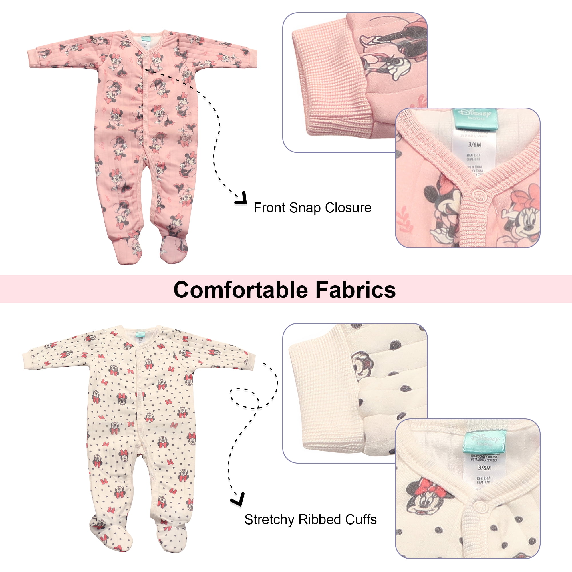 Disney Clothes Baby Girls 2-Pack Quilted Footie Coveralls - Minnie Mouse, Princess Cinderella and Tiana Bodysuits (0/3M-6/9M)