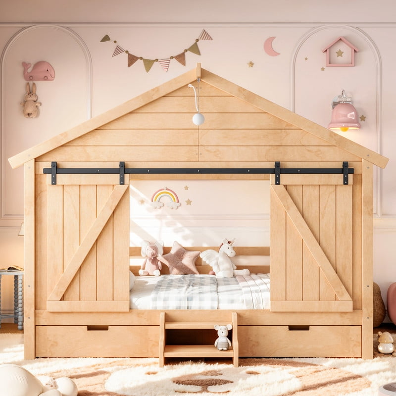 Full Size Farmhouse House Bed with Sliding Barn Doors & Light Bulb, Wood Kid's Platform Bed Frame with Stair & Drawers