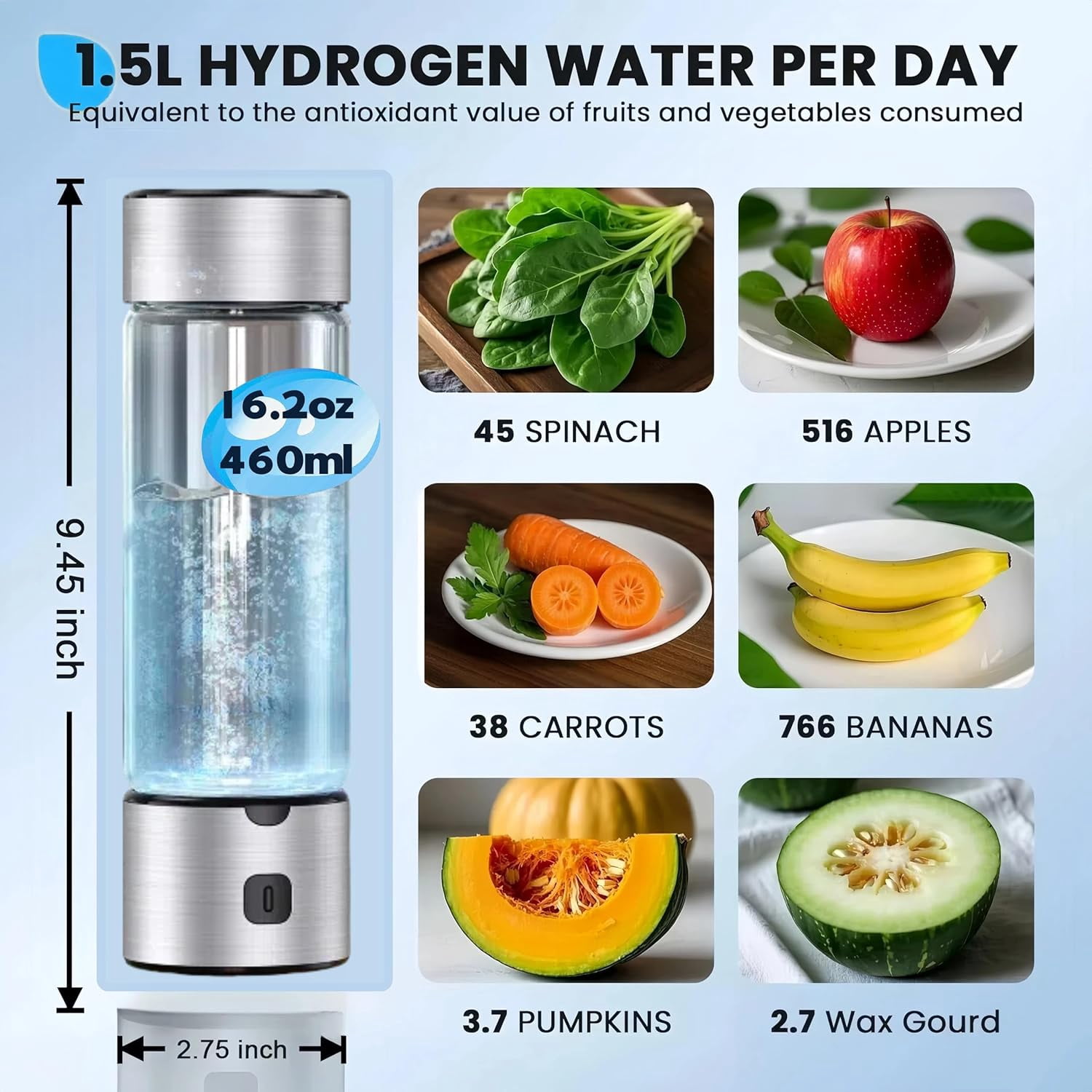 LC-dolida Hydrogen Water Bottle, 460ml Portable SPE/PEM Tech Hydrogen Water Machine with LED Light, 1800PPB Hydrogen Concentration for Home Office Gym Travel (Silver)