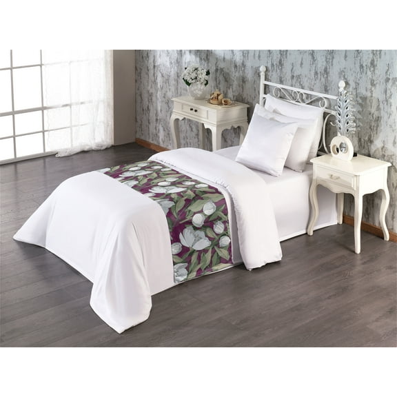 Apple Flowers Bed Runner, Simple Design Modern Leaves Greenery and Floral Boho Pattern, Decorative Accent Bedding Scarf for Hotels Homes & Guest Rooms, Twin, Dark Magenta Reseda Green, by Ambesonne