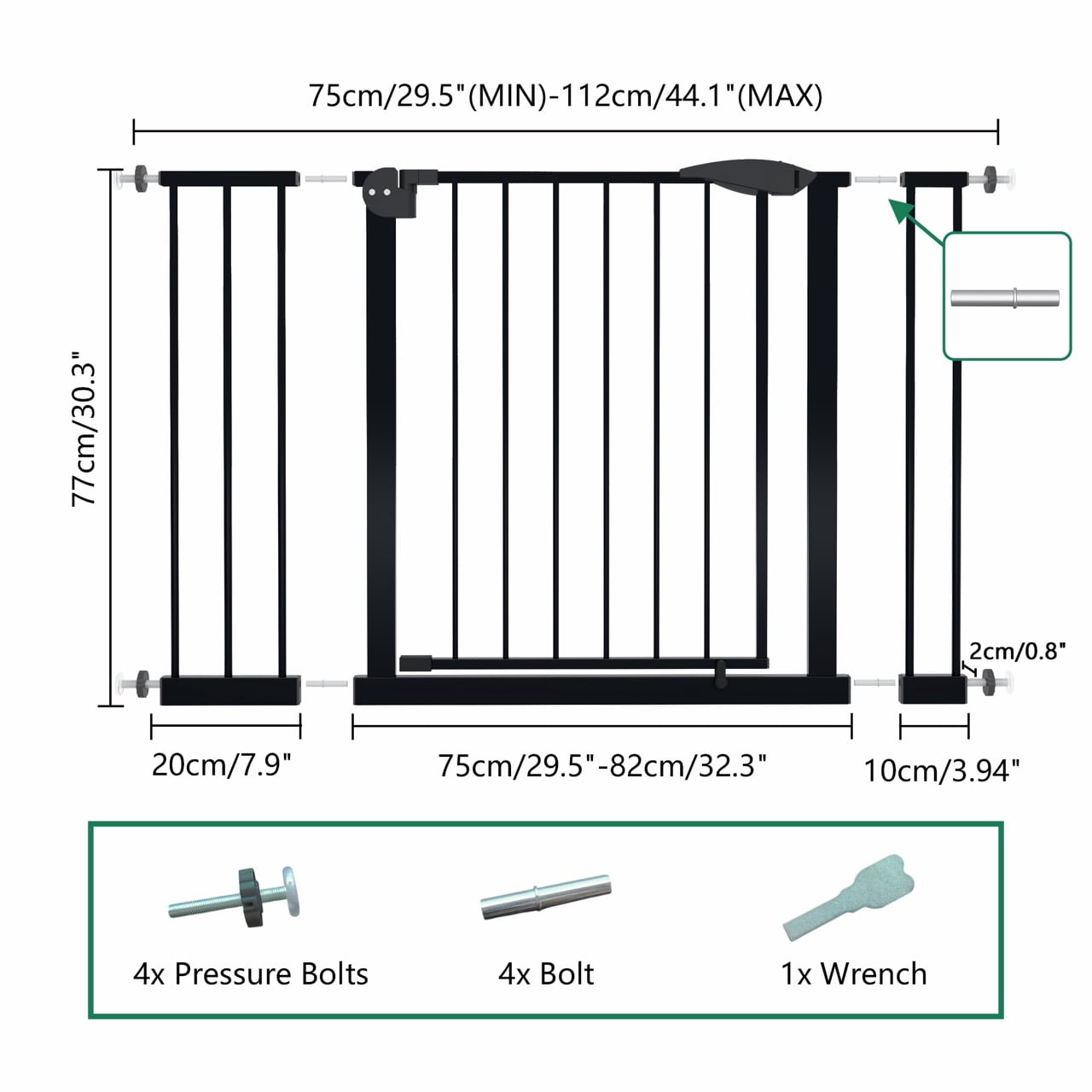 29.5-44.1 in Wide Pressure Mounted Dog Gate for Stairs and Doorways, No Drill Walk-Through Metal Pet Gate, Black