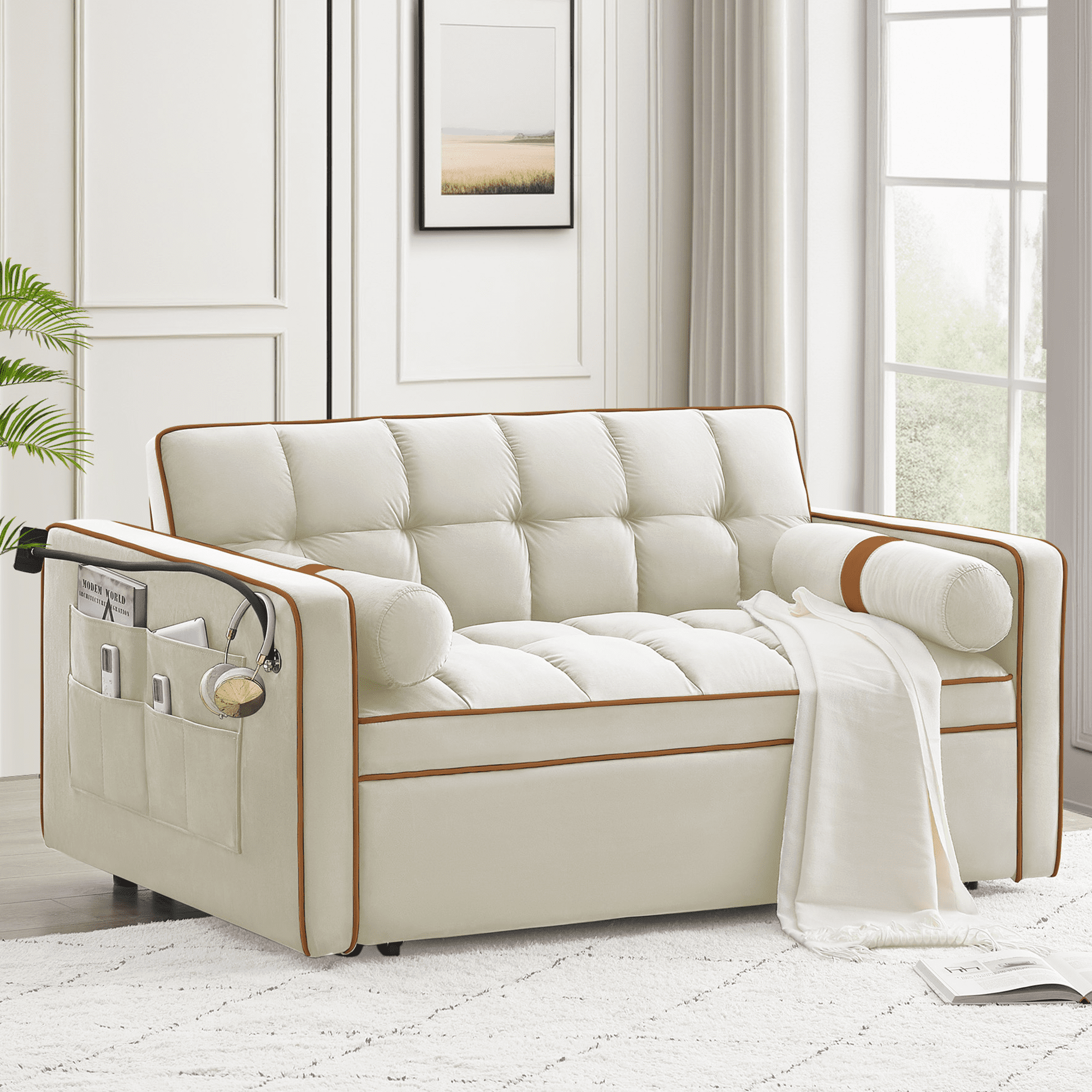 Lunale Convertible Pull Out Sofa Bed with Phone Stand, Tufted Loveseat Sleeper Sofa Bed for Living Room, Beige Velvet