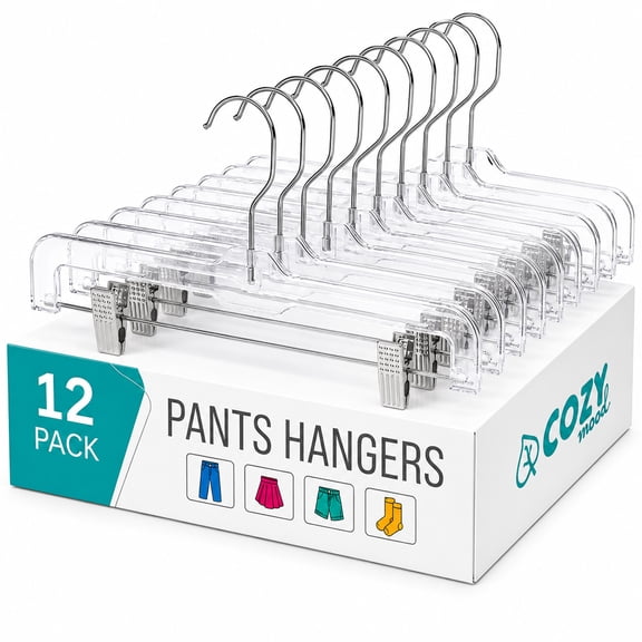 Cozymood 12 Pack Pants Hangers with Clips, 14" Space Saving Skirt Hangers, Non-Slip Heavy Duty Plastic Closet Organizers with 360° Swivel Hook
