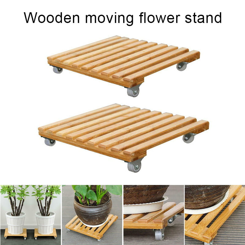 Acreny Wooden Movable Plant Pot Trolley Trays Plant Stand Caddy with 4 Wheels Rolling Base