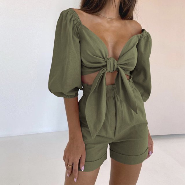 Conjunto De Pantalones Cortos Y Top Corto Cárdigan de mujer Top + Shorts Conjuntos cortos de bolsillo de verano de moda casual (Verde militar S) Cgtredaw Para estrenar