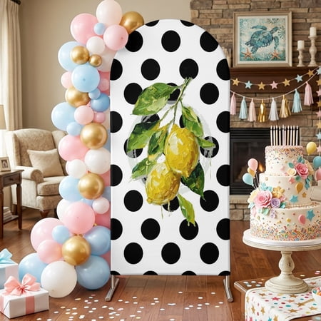 Yellow Lemons Arch Backdrop Covers 5 FT Hand-painted Style Lemon Classic Black Polka Dots Stretchy Fitted Arched Stand Covers Party Arch Stand Cover Photo Booth for Wedding Birthday Decor