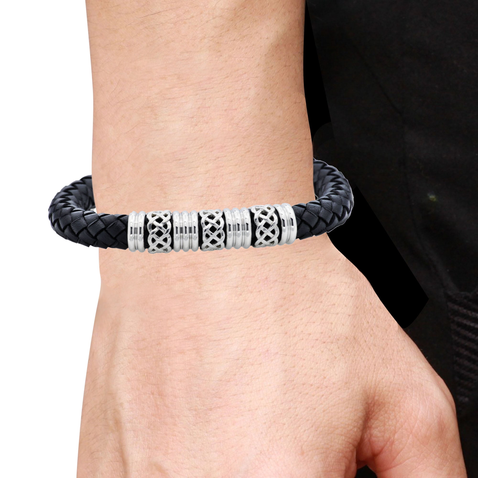 Mens Black Leather Stainless Steel Bracelet