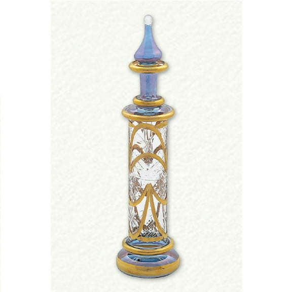 Blue and Gold Etched Column Candle Egyptian Glass Perfume Bottle Made in Egypt