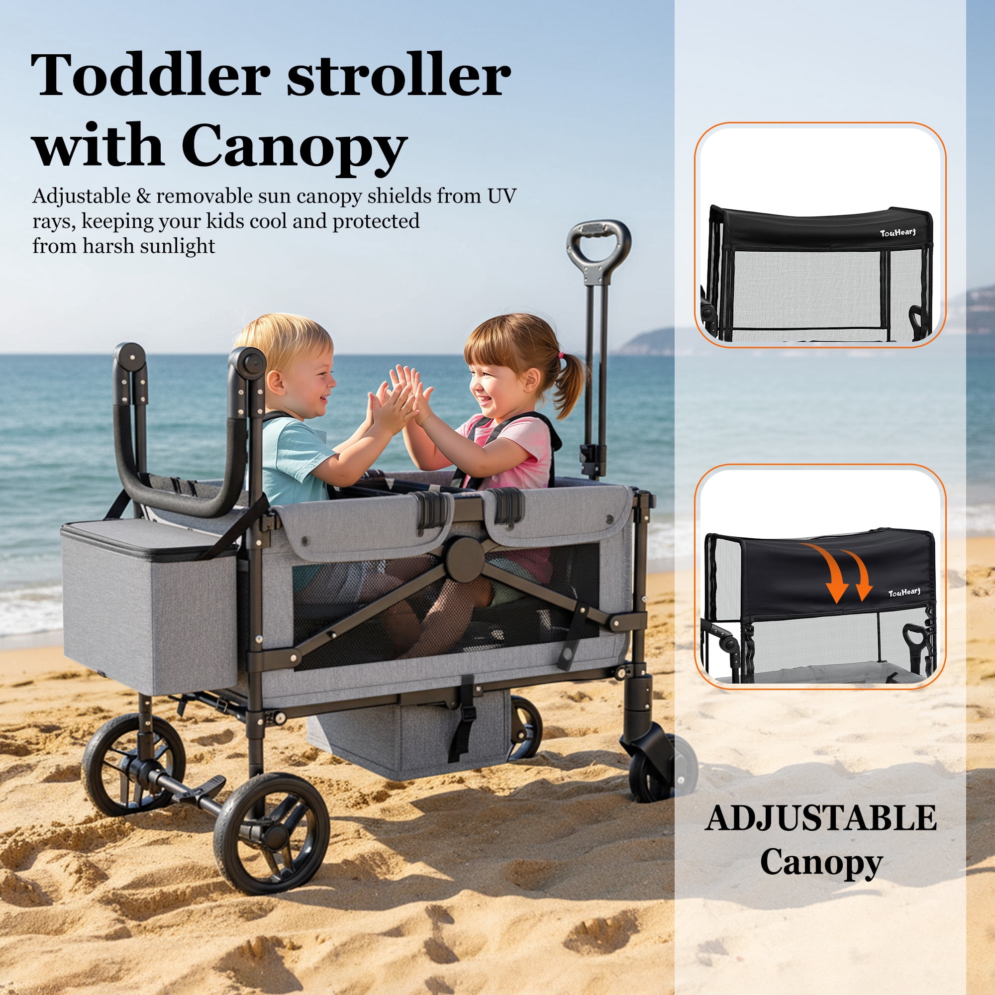 TouHeart Wagon Stroller for kids, 2 Seater Folding Stroller Wagon with Canopy, 5-Point Harness, Gray