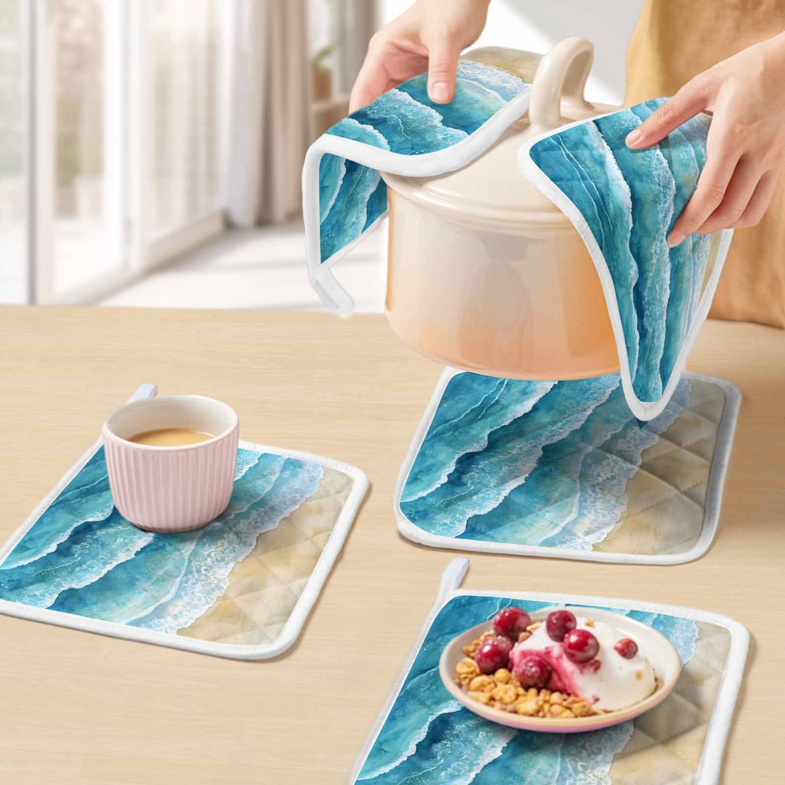 Aqua Coastal Pot Holders for Kitchen Heatproof Potholder, 4 Pack Nautical Summer Beach Ocean Beige Hot Pads Multipurpose Oven Pads Cloth Potholders Trivet for Cooking and Baking