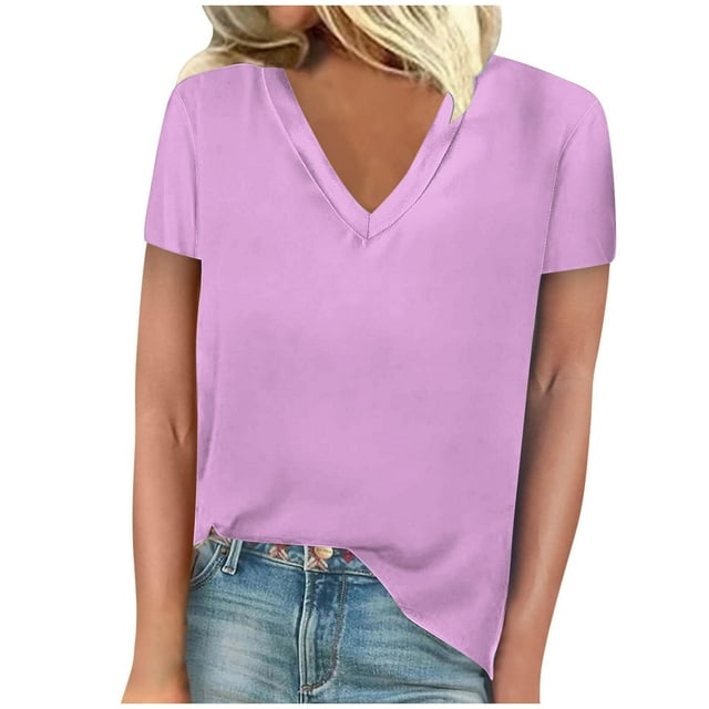Timegard Hauts d'Été pour Femmes Col en V Manches Courtes Ample Confortable T-Shirts Basiques Décontractés Blouse Ample