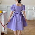 thumbnail image 4 of Afuyipoi Summer Dress for Girls（For 5-16）, Round Neck With Bow Puff Sleeves Solid Color Knee-Length Dress For Girls Purple 7-8 Years, 4 of 5