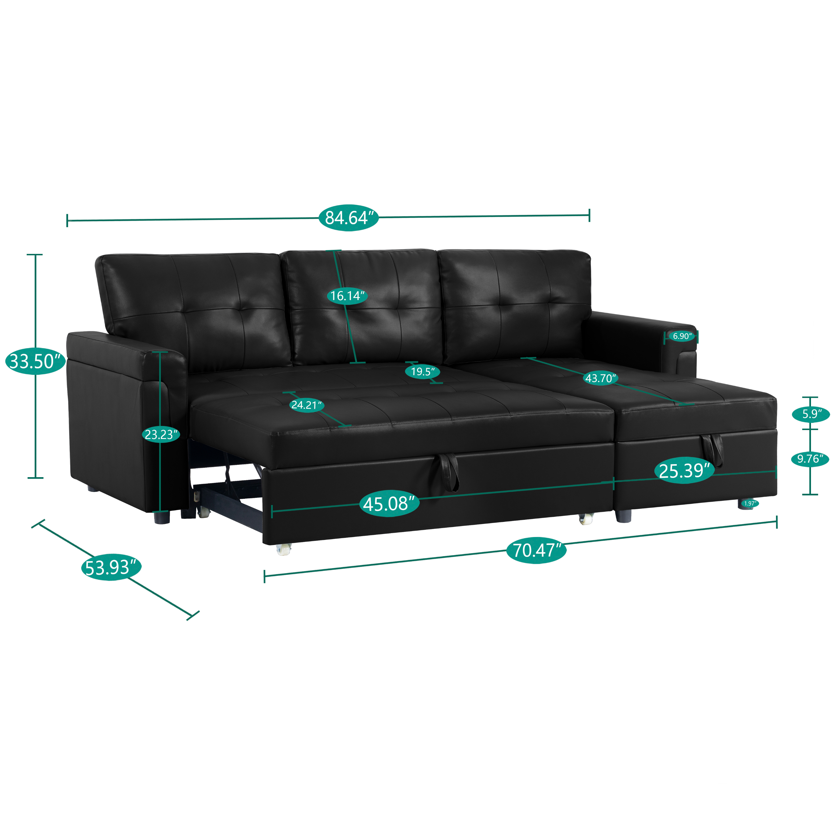 78 in. W Convertible Sleeper Sectional Sofa, L Shaped Couch for Small Space Living Room, Storage Chaise, L Shaped Pull Out Sofa - Black,Air Leather