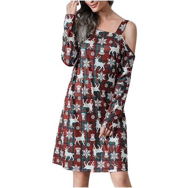 CEHVOM Robe Aguichant pour Femmes Imprimé de Noël Sans Bretelles Manches Longues