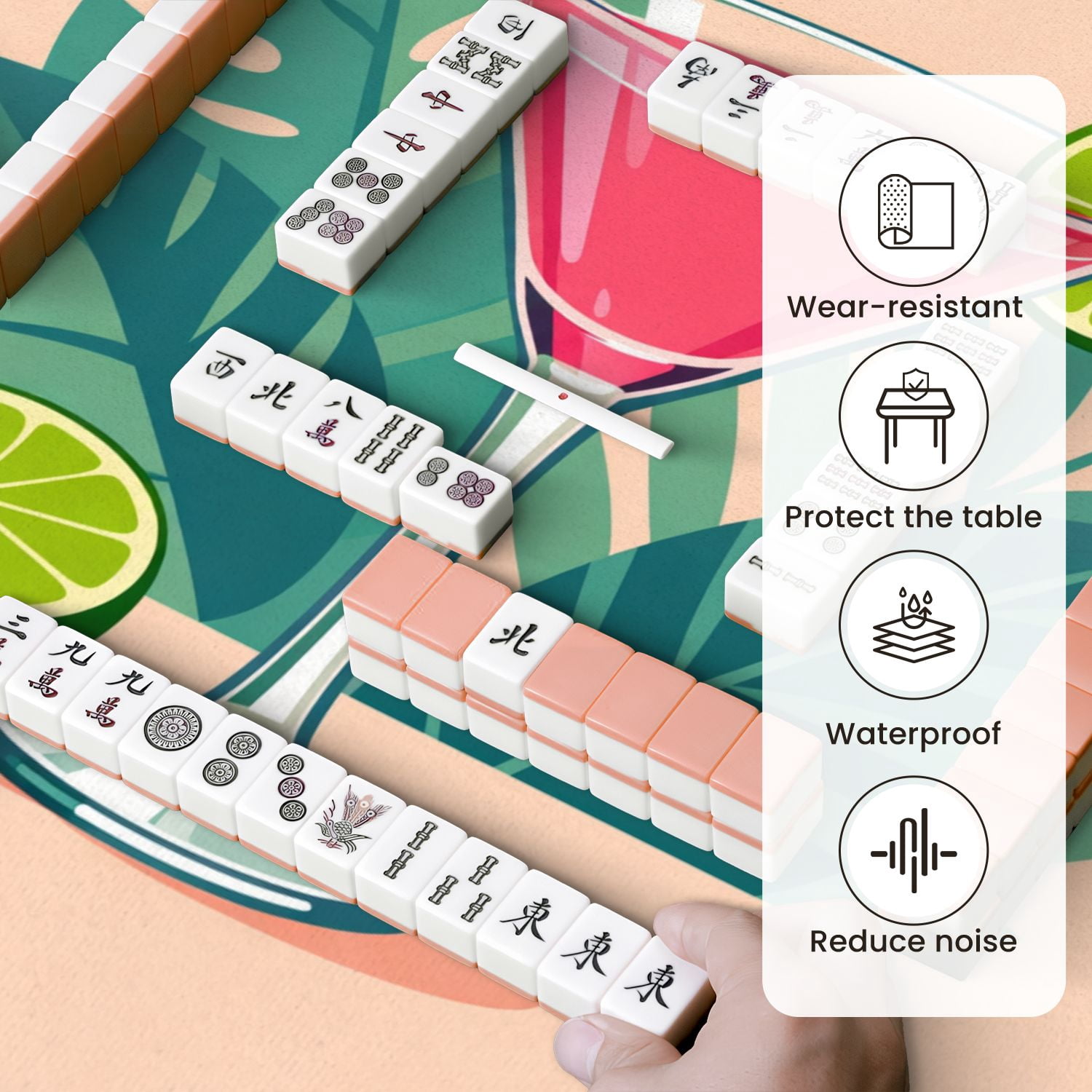 Mahjong Mat 31.5" x 31.5" Pink Cocktail Lime Slice Tropical Leaves Non-Slip Noise Reduction Mahjong Tiles Table Cover for Dominoes Poker Card Board and Tile Games