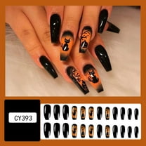 Halloween Press on Nails Black & Orange,Long Coffin Fake Nails Acrylic Glitter Dark Cats Pumpkins Glue on Nails,Reusable Autumn False Nails for Women Girls Holiday Manicure Daily Wear 24pcs