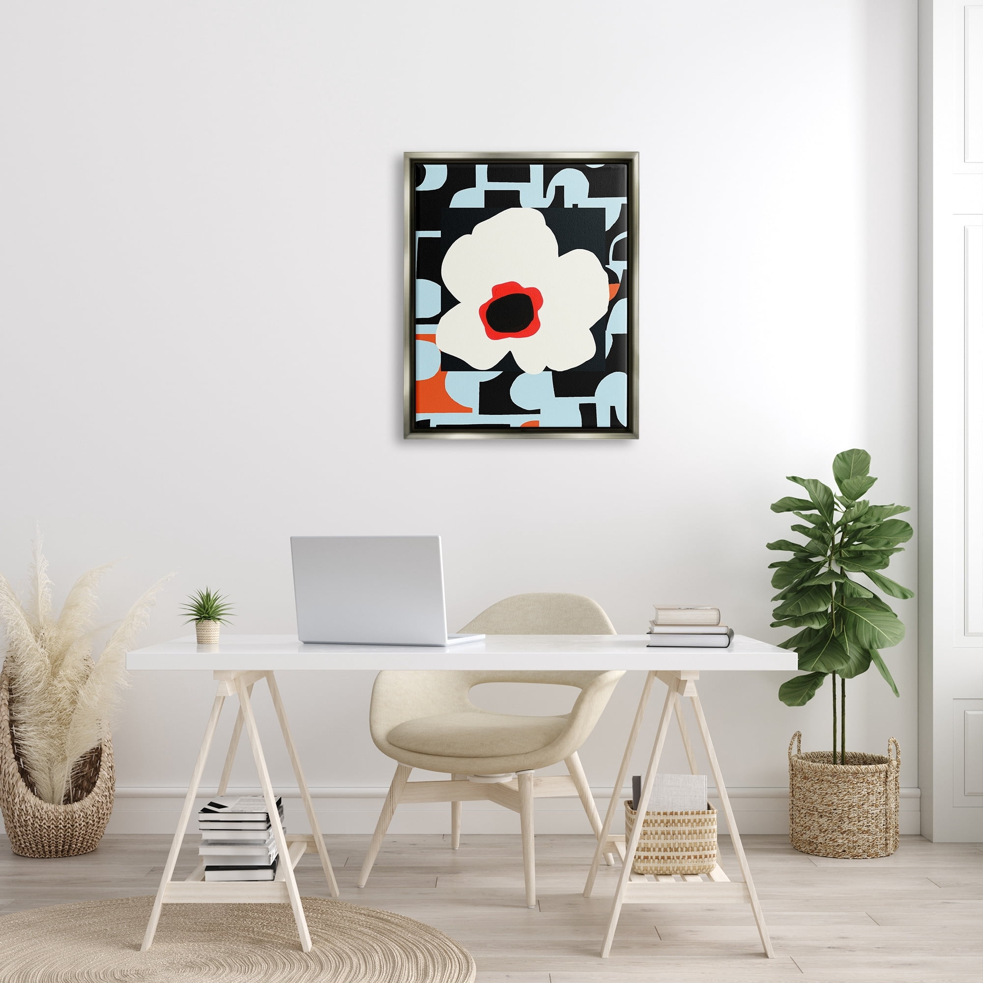 Stupell Industries Retro Floral Shapes Abstract Geometric Petals Silhouette Graphic Art Luster Gray Floating Framed Canvas Print Wall Art, Design by Deborah Velasquez