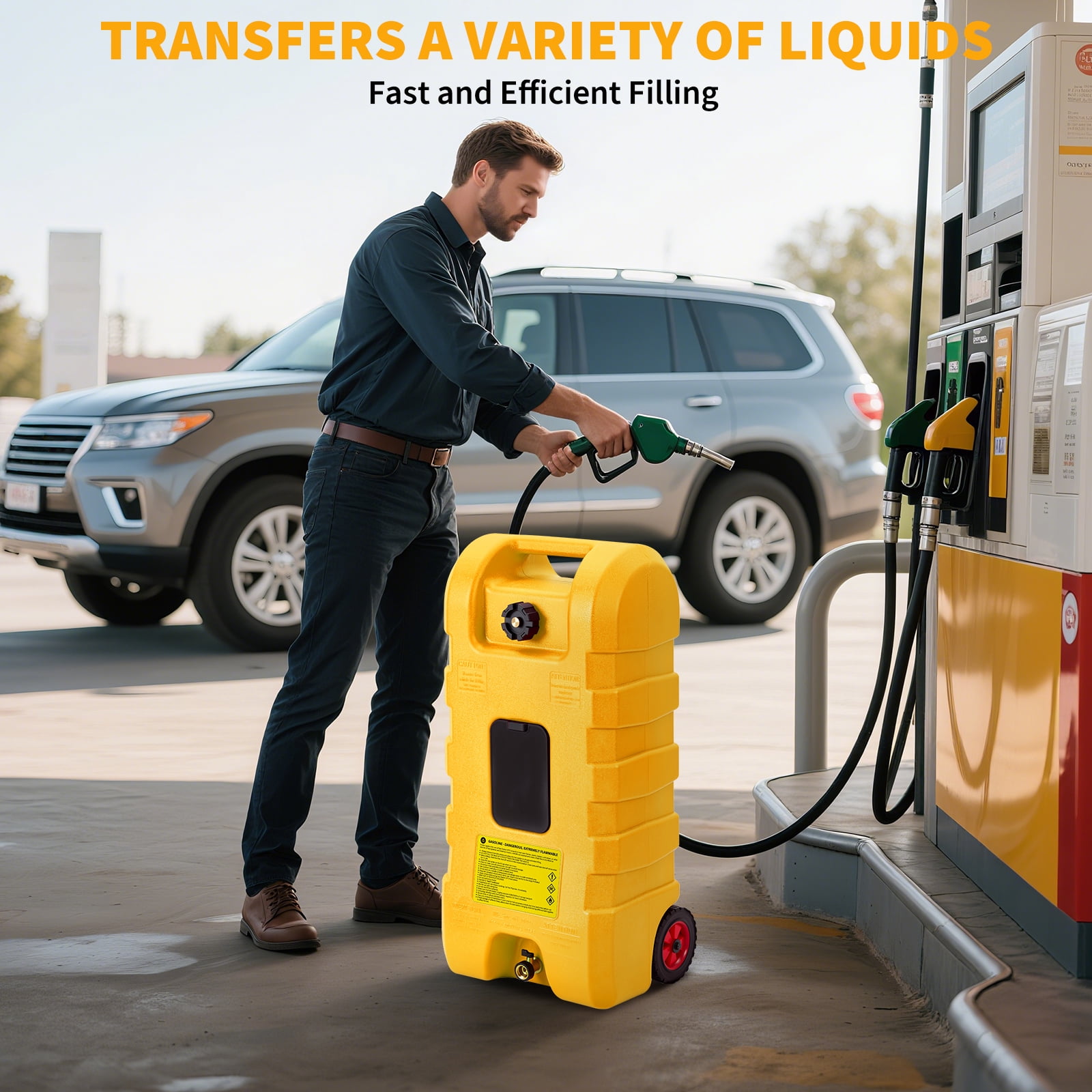 JoanKaren Industrial Portable Fuel Tank 15 Gallon Container Caddy Tank with 10-Foot Hose,Wheeled Utility Transfer Tank,Yellow